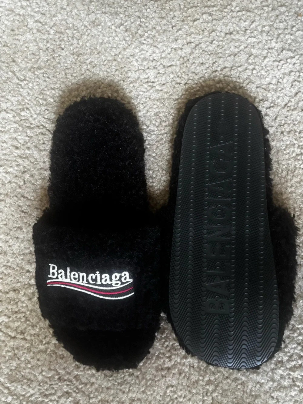 Balenciaga Black Fleece Slide with Embroidered Logo and Stripe
